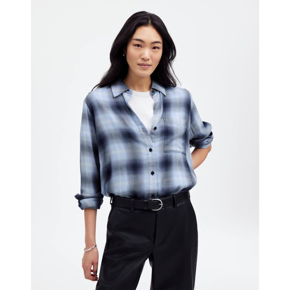 MADEWELL Easy Y-Neck Button-Up Shirt XXS Deep Indigo Blue Plaid NWT B44